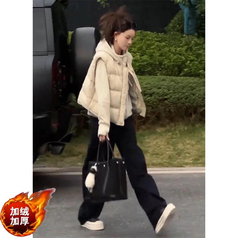 高腰时尚百搭松紧腰加绒直筒裤子秋冬季连帽长袖卫衣宽松马甲外套