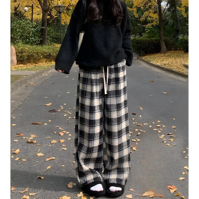 2-300斤胖mm大码女装春季高腰垂感慵懒小个子休闲宽松格子直筒裤