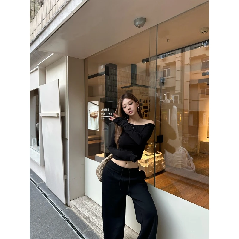 气质纯欲慵懒风女装时尚斜肩长袖上衣秋季高腰休闲阔腿长裤两件套