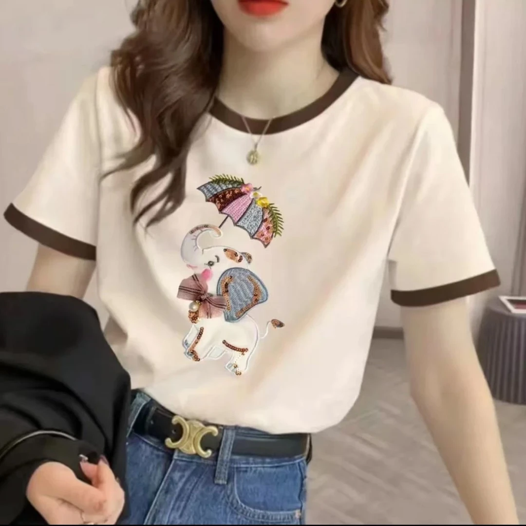 宽松圆领休闲短袖百搭拼接女士半袖上衣1213