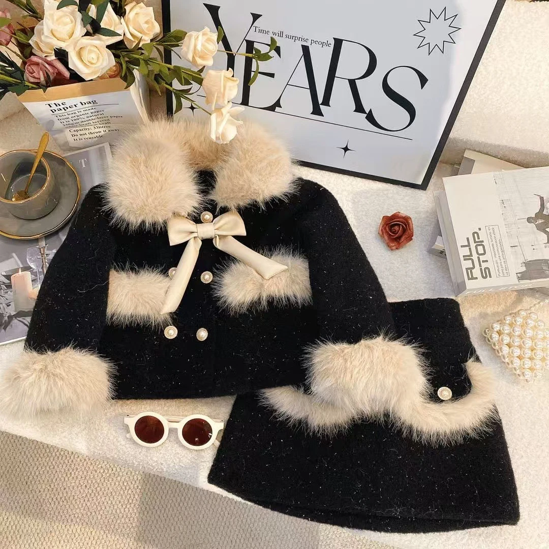 6Y157女童冬季小香风套装2025洋气儿童加绒外套半裙两件套装