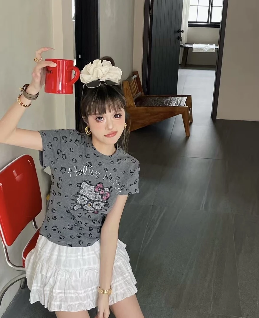 8836#胖mm辣妹新款字母重工烫钻卡通猫夏季印花短款修身T恤短袖