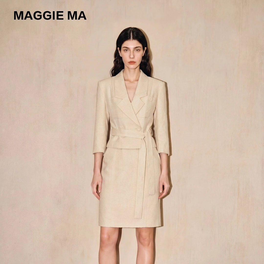 MAGGIE MA马婧设计师款香草拿铁腰带收腰黄西装套装裙266C-267B