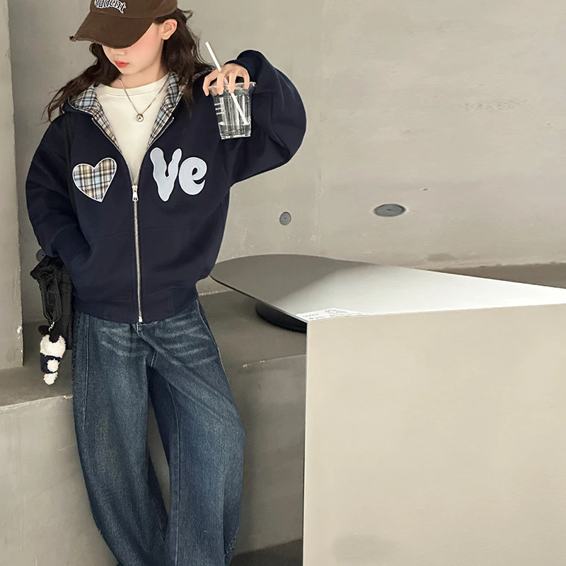 韩系高品质女童外套秋季2025新款12岁15初中生连帽宽松休闲牛仔裤