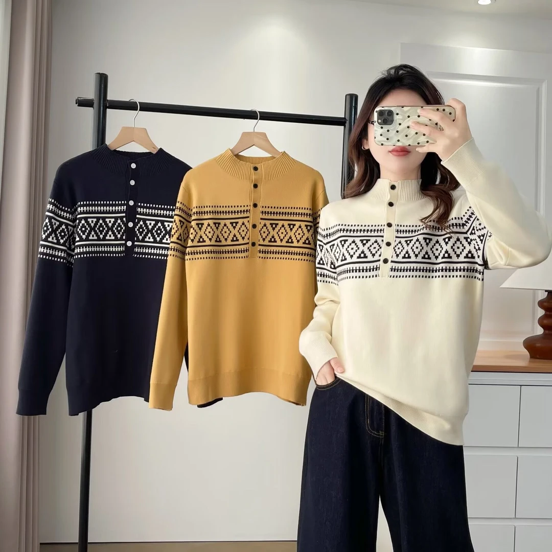 大码胖mm秋冬百搭宽松显瘦减龄毛衣女费尔岛提花半高领针织衫2588