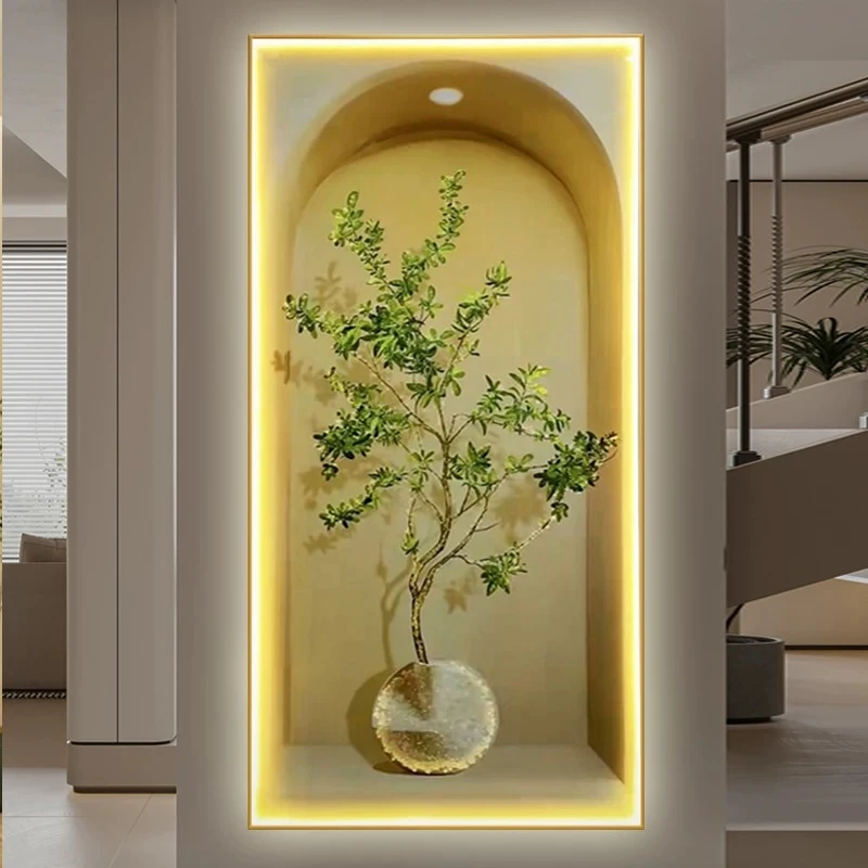 小清新奶油风玄关画带灯光装饰画绿植晶瓷画简约挂画玄关装饰画