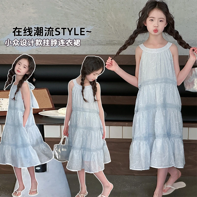 女童连衣裙夏季2025新款无袖背心连衣裙公主夏装6-12岁挂脖裙韩版