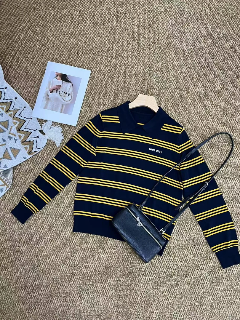 【糖糖】韩系藏青色条纹轻薄针织衫T恤女秋通勤修身短款polo领上衣