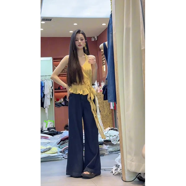 纯欲辣妹v领挂脖吊带背心女夏季小众修身外穿无袖上衣裤子套装