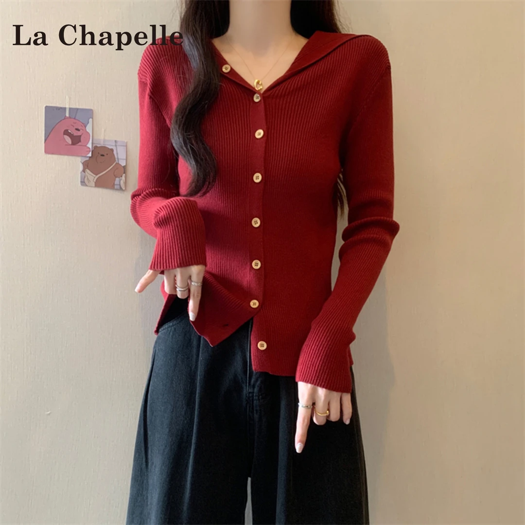 拉夏贝尔红色v领长袖针织衫女2025秋季宽松显瘦内搭打底开衫上衣