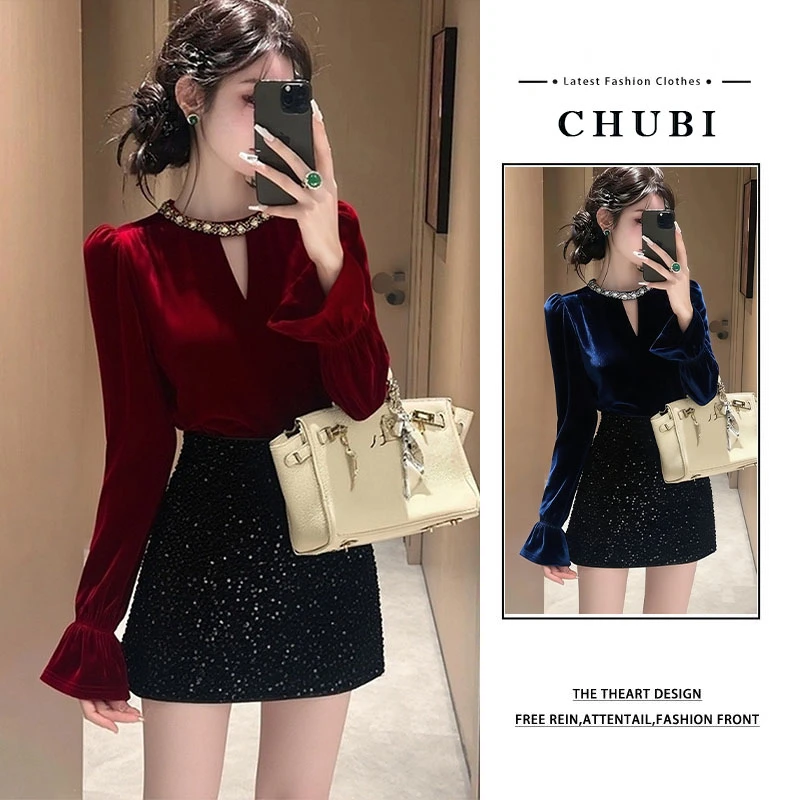 法式小香风套装女2025新款秋冬穿搭一整套红色上衣亮片短裙两件套