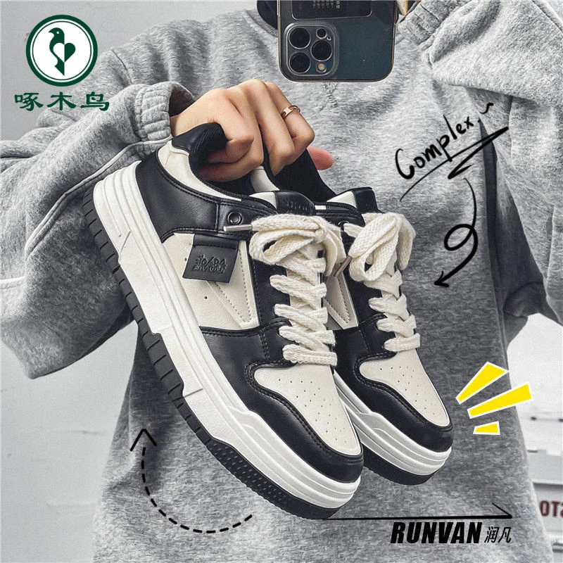 【正品】啄木鸟夏季板鞋男款休闲潮鞋潮牌黑白熊猫小众设计感滑板鞋