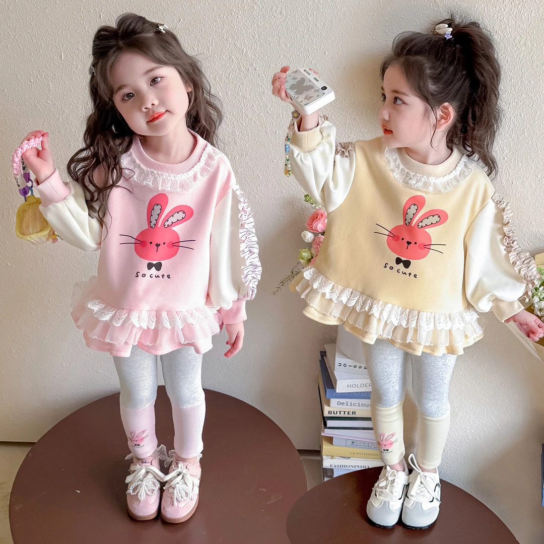 女童套装春秋2025新款洋气时髦女宝宝韩系卡通卫衣打底裤儿童秋装