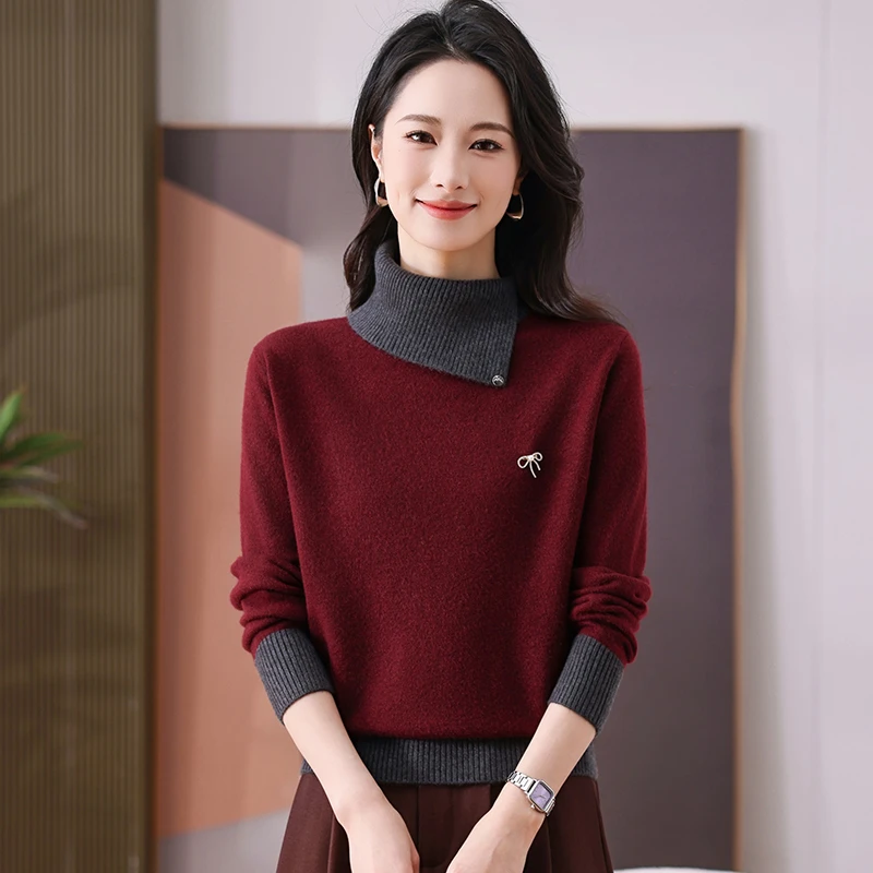 秋冬新款气质减龄不规则拼色翻领毛衣洋气百搭外穿长袖打底针织衫