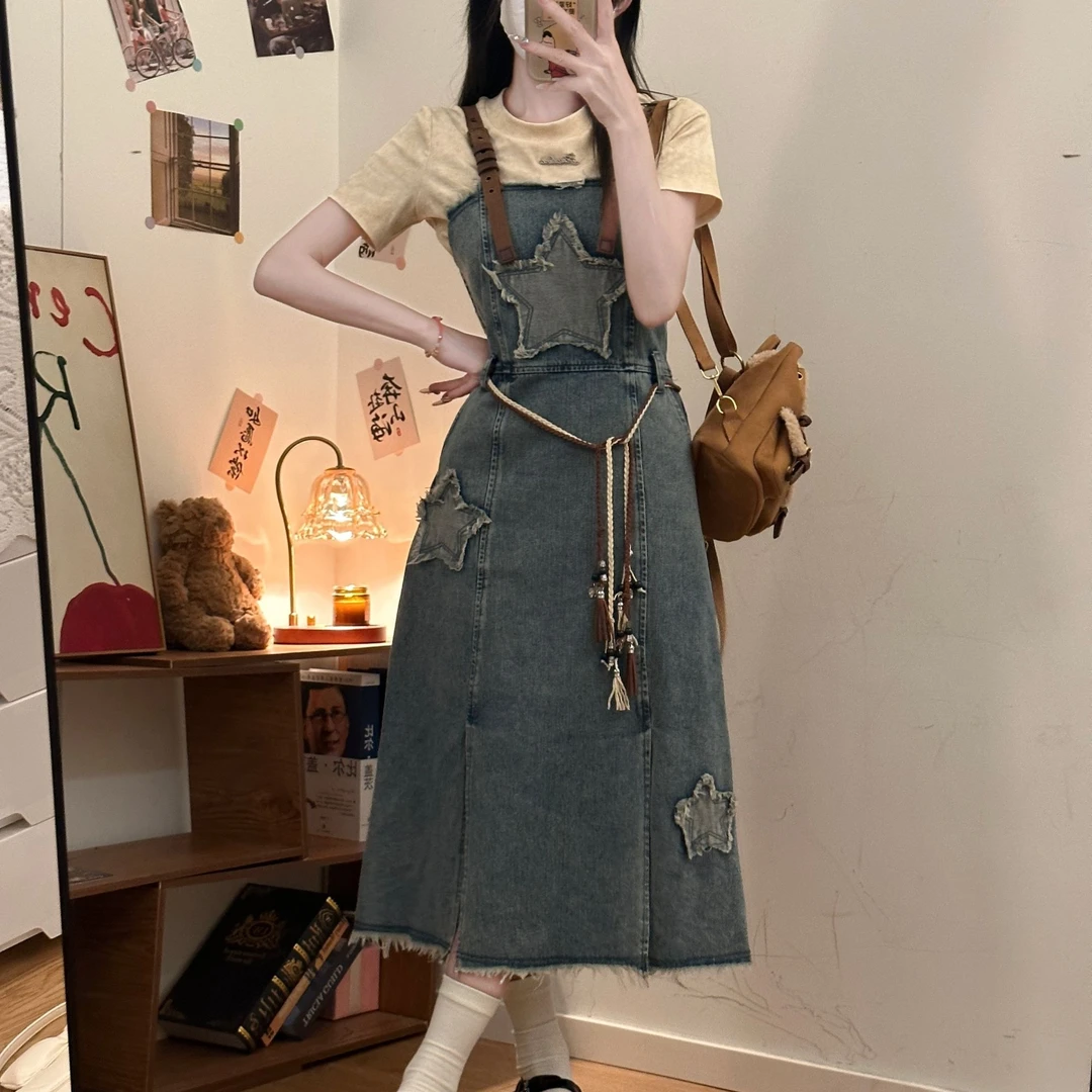复古凯丽 织物猪原创 波西米亚复古感牛仔背带裙扎染百搭短袖T恤