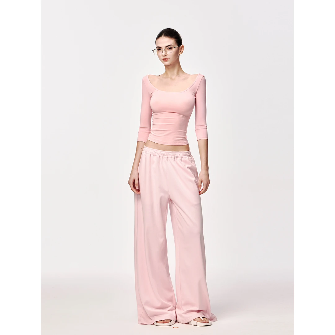 JLAUNT 粉色卫裤女低腰运动裤宽松直筒休闲裤松紧腰拖地阔腿裤子