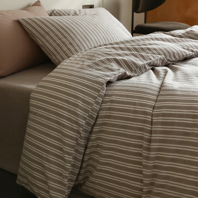 日式a类母婴级四件套纯棉全棉水洗棉条纹纯色被套学生宿舍三件套