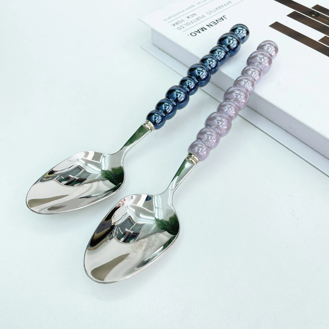 【2支】法式珍珠陶瓷手柄+SUS304不锈钢餐勺