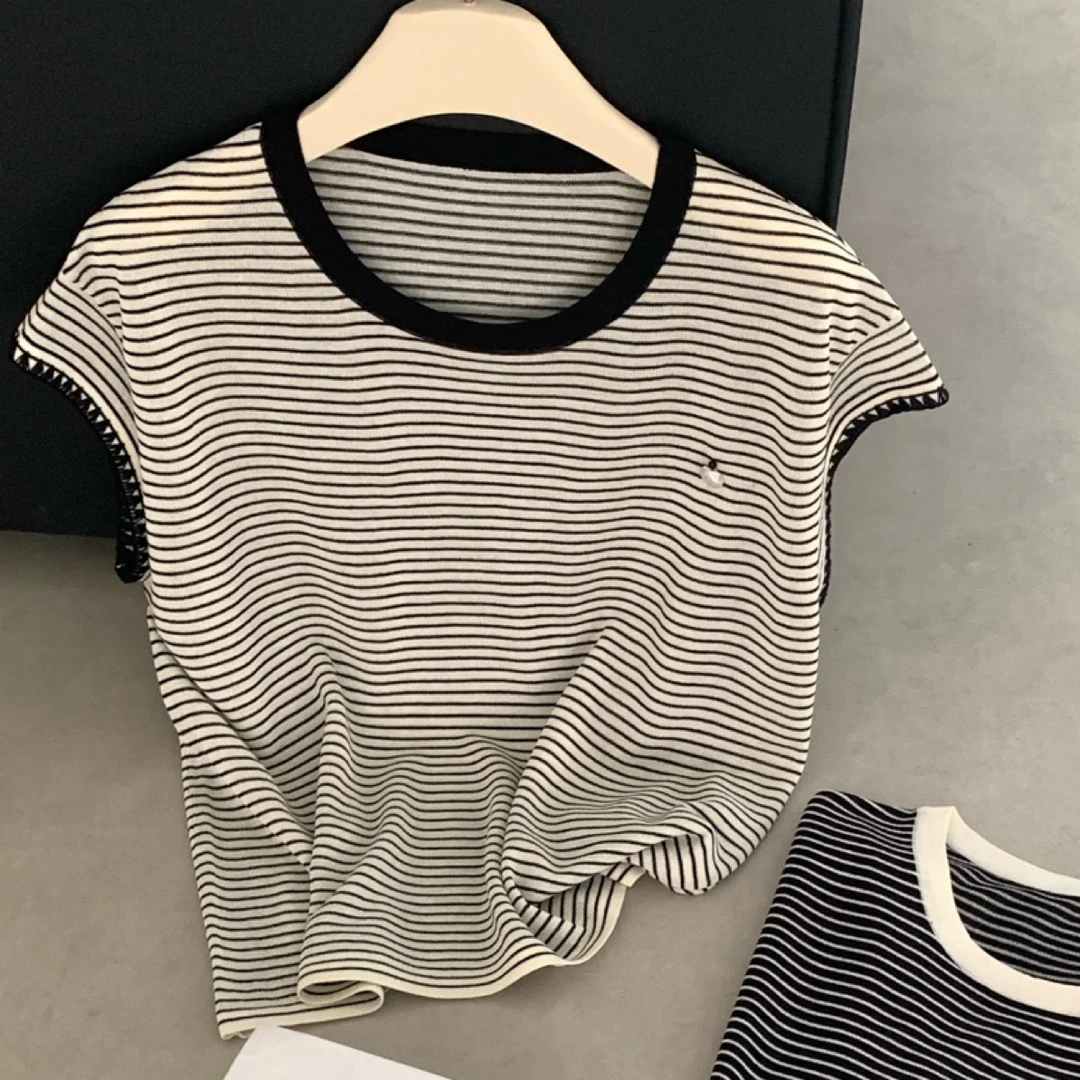 新款条纹撞色圆领T恤时尚休闲夏季套头新品2025春夏季百搭宽松