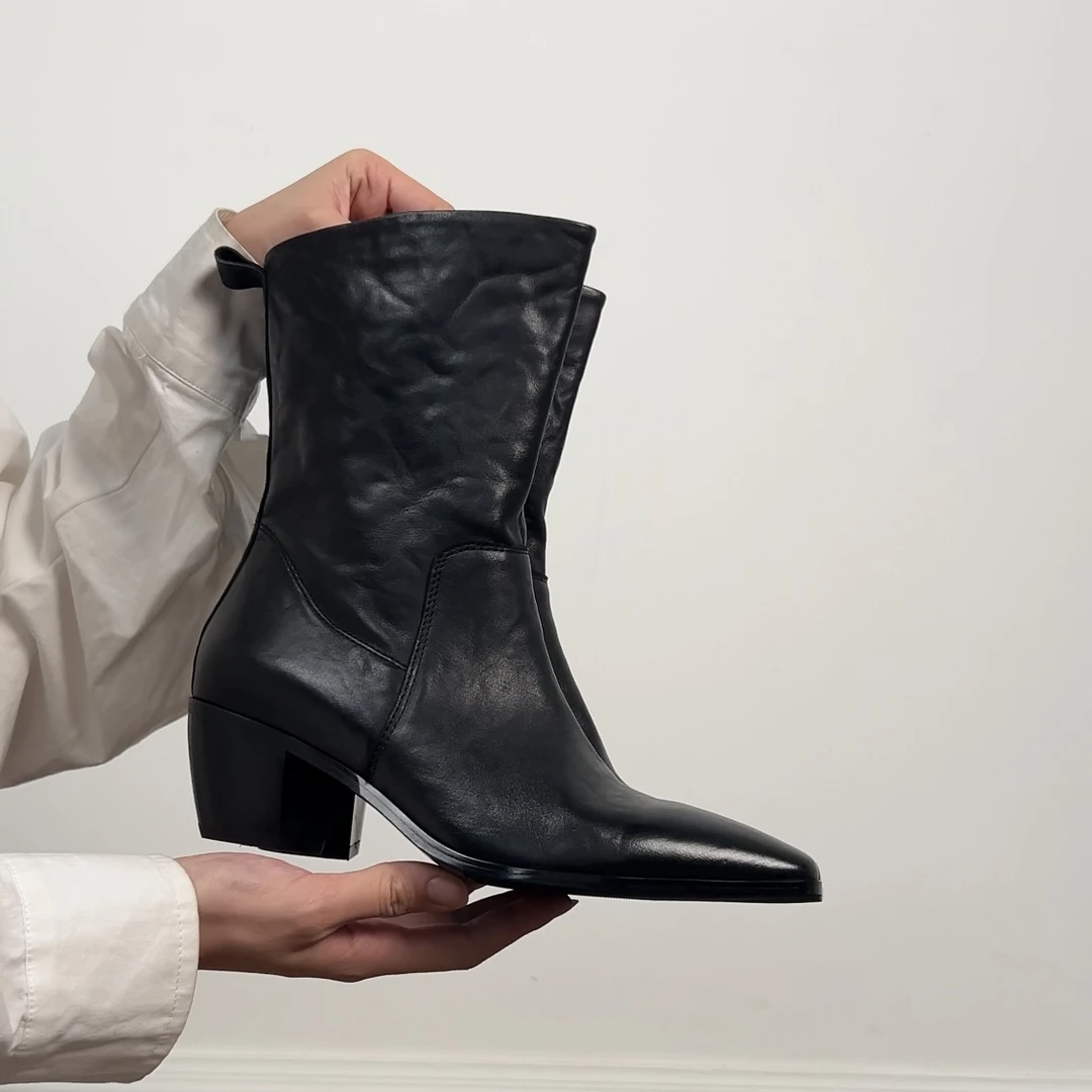 Dannyfrey秋冬新款头层牛皮复古方头显高显瘦百搭女切尔西靴5.5CM