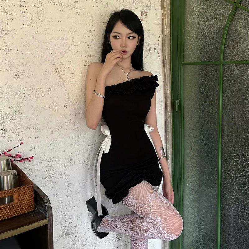 GDNH# 小设计不规则褶皱花边显瘦掐腰蝴蝶结连衣裙女潮K25D66110