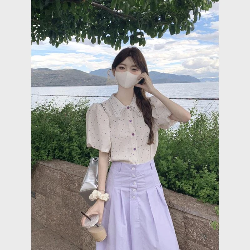 法式甜美波点泡泡袖衬衫女设计感小众宽松百搭波点圆领泡泡袖衬衫