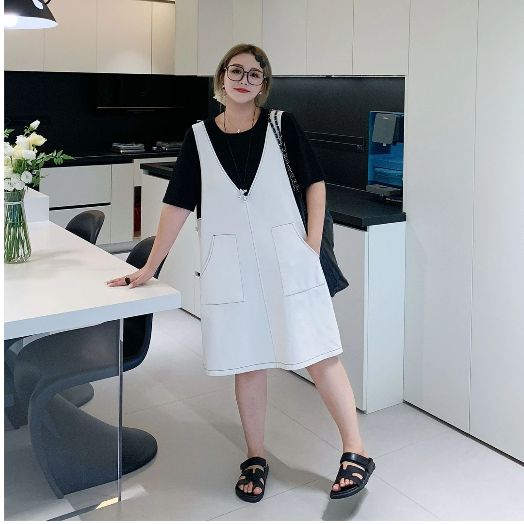 媛子大码假两件连衣裙夏季短袖A版拼接通勤休闲风高级感洋气短裙