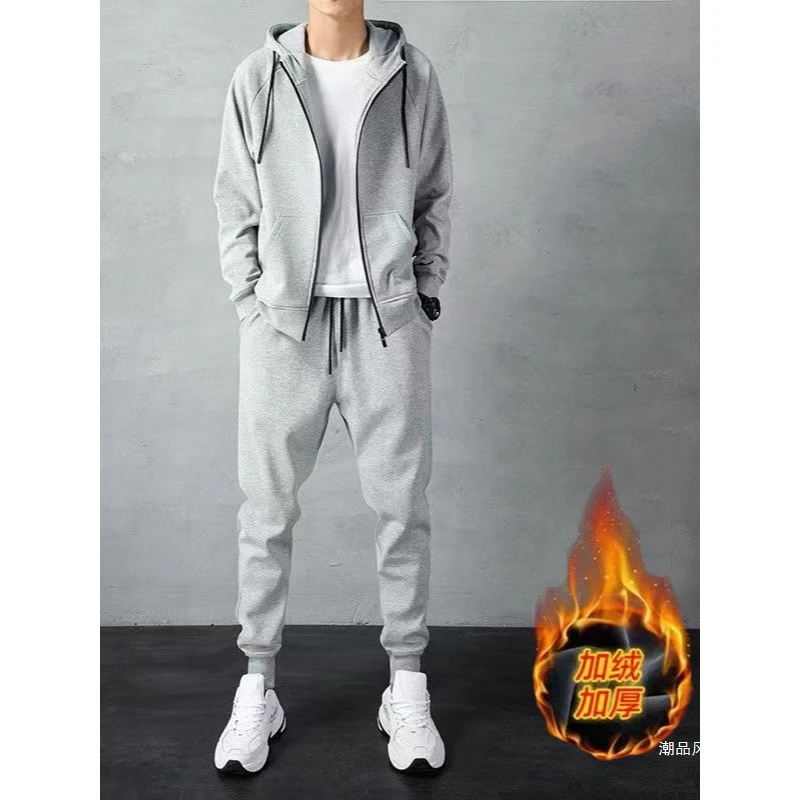 秋冬季简约素色运动连帽套装男韩版宽松大码潮流开衫拉链连帽卫衣