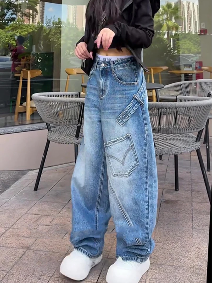 秋季新款大码女装时尚百搭多口袋设计牛仔裤高腰宽松显瘦阔腿裤