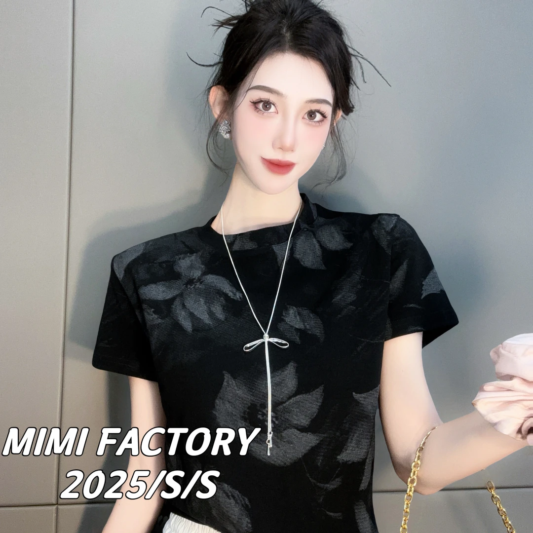 芈芈 2025新款短袖 欧货满印花卉时尚短袖T恤女修身显瘦内搭3990#