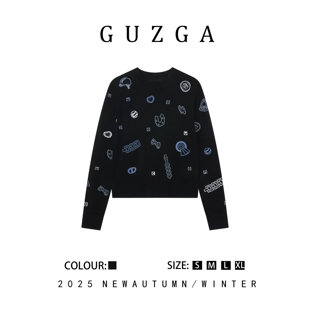 GUZGA【春深似海】2025秋季上新刺绣提花针织衫时尚百搭舒适