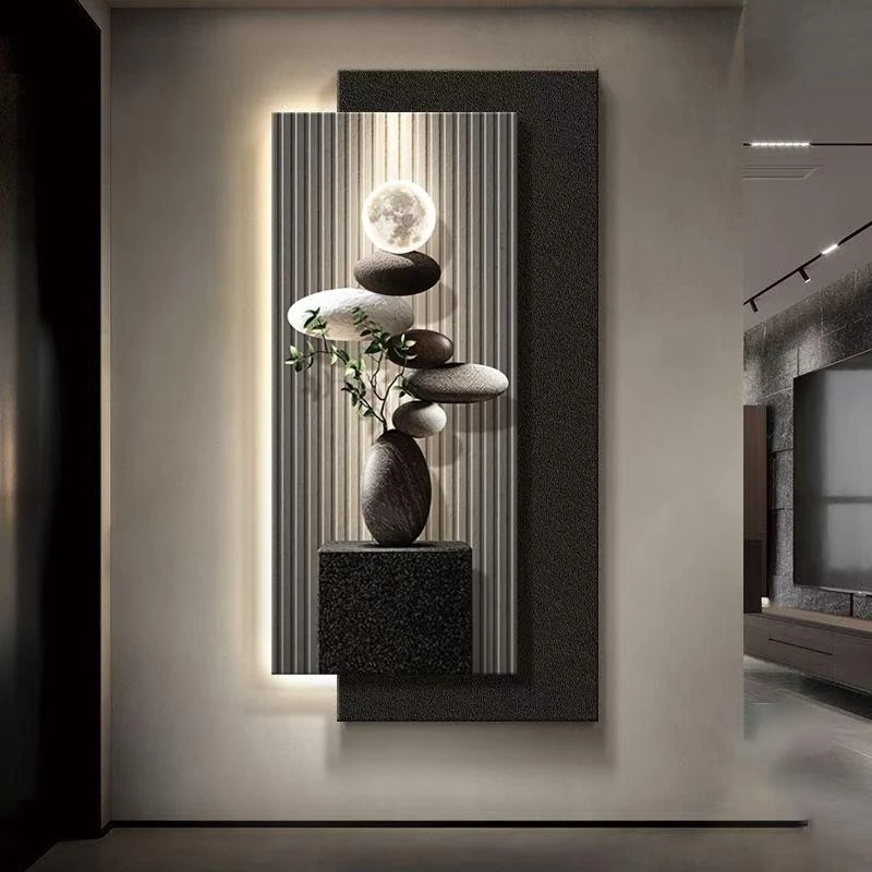 石来运转玄关装饰画轻奢寓意好挂画高级感led灯入户正对门墙壁画