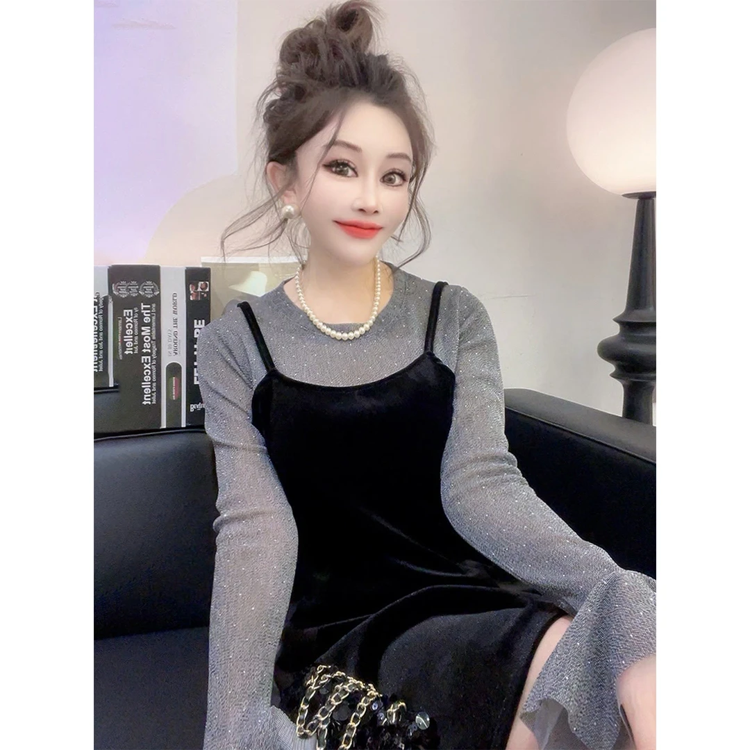 设计感真两件连衣裙打底衫女秋冬新款百搭洋气时尚长袖T恤上衣