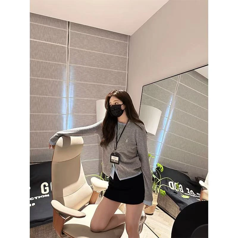 【艺术生氛围】假两件针织开衫毛衣女拼接纯色上衣