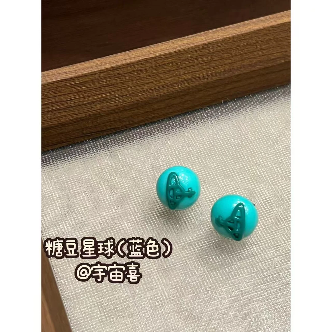 铜合金亚克力耳饰 Q1-076【亚克力醋酸糖豆星球迷你耳钉】蓝绿色