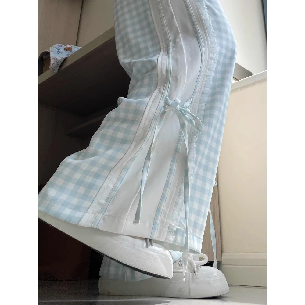 可爱甜美风绑带蓝色格子睡裤女2025新款夏季大码宽松家居阔腿长裤