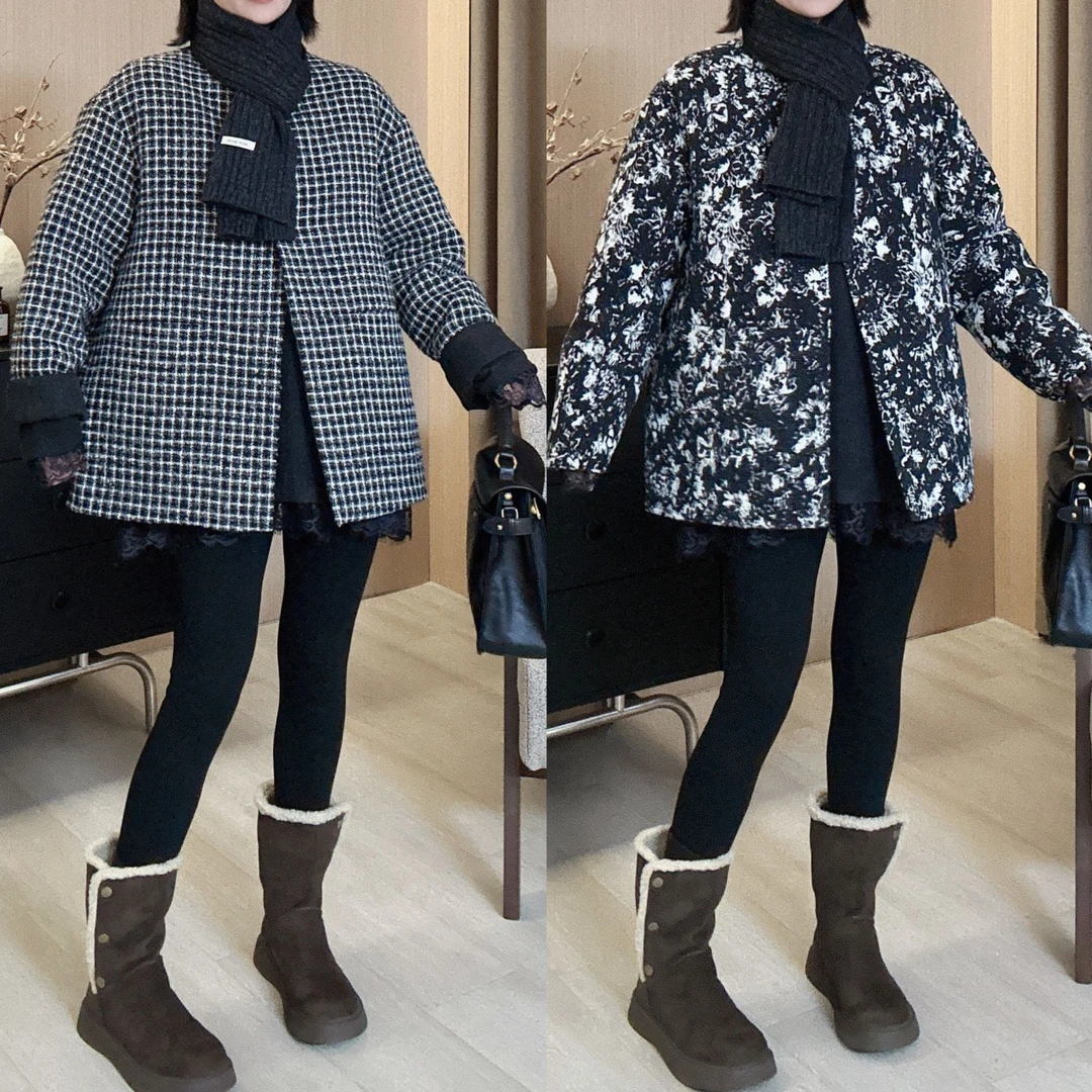 Dayuan 欧复古气质冬季新款撞色花纹羽绒服配围巾511017