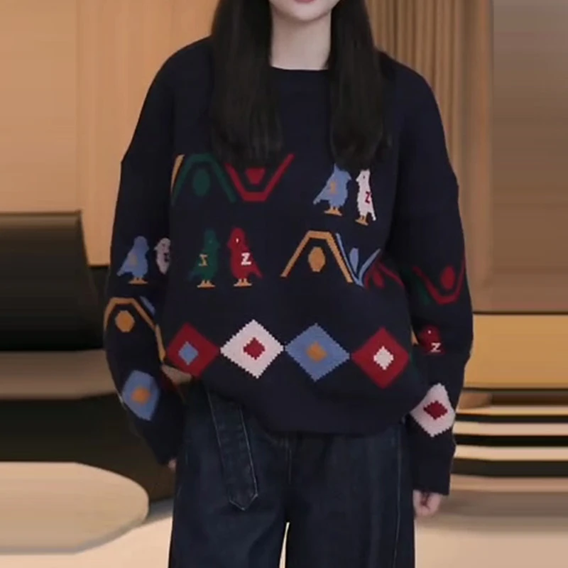 韩版复古设计感毛衣2025秋冬新款圆领宽松百搭卡通显白时尚针织衫