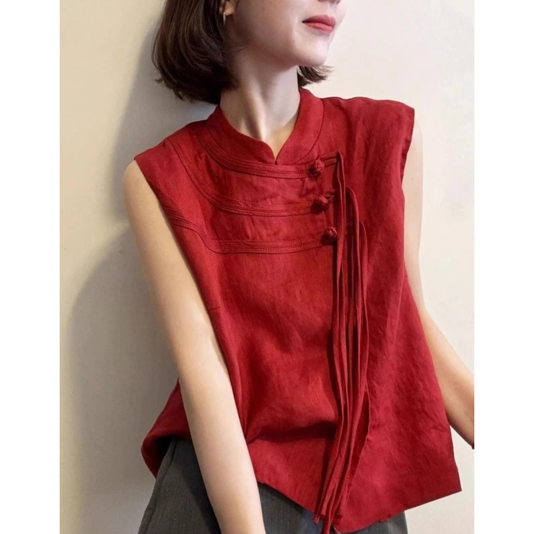 夏季多巴胺超好看上衣高级感洋气减龄显瘦新中式国风红色无袖衬衫