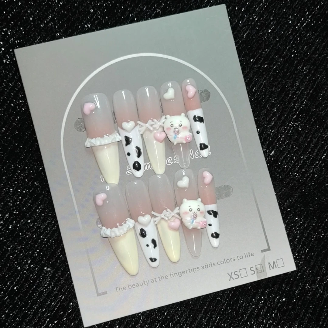 春夏显白清新甜美长款可爱细狗尖法式重工手工穿戴甲带立体蝴蝶结