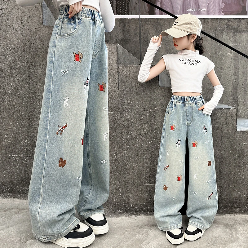 中大女童时髦春季牛仔阔腿裤2025新款儿童洋气春秋卡通刺绣直筒裤