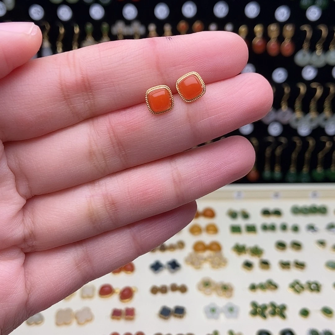 和田玉银S925镀金镶嵌耳饰