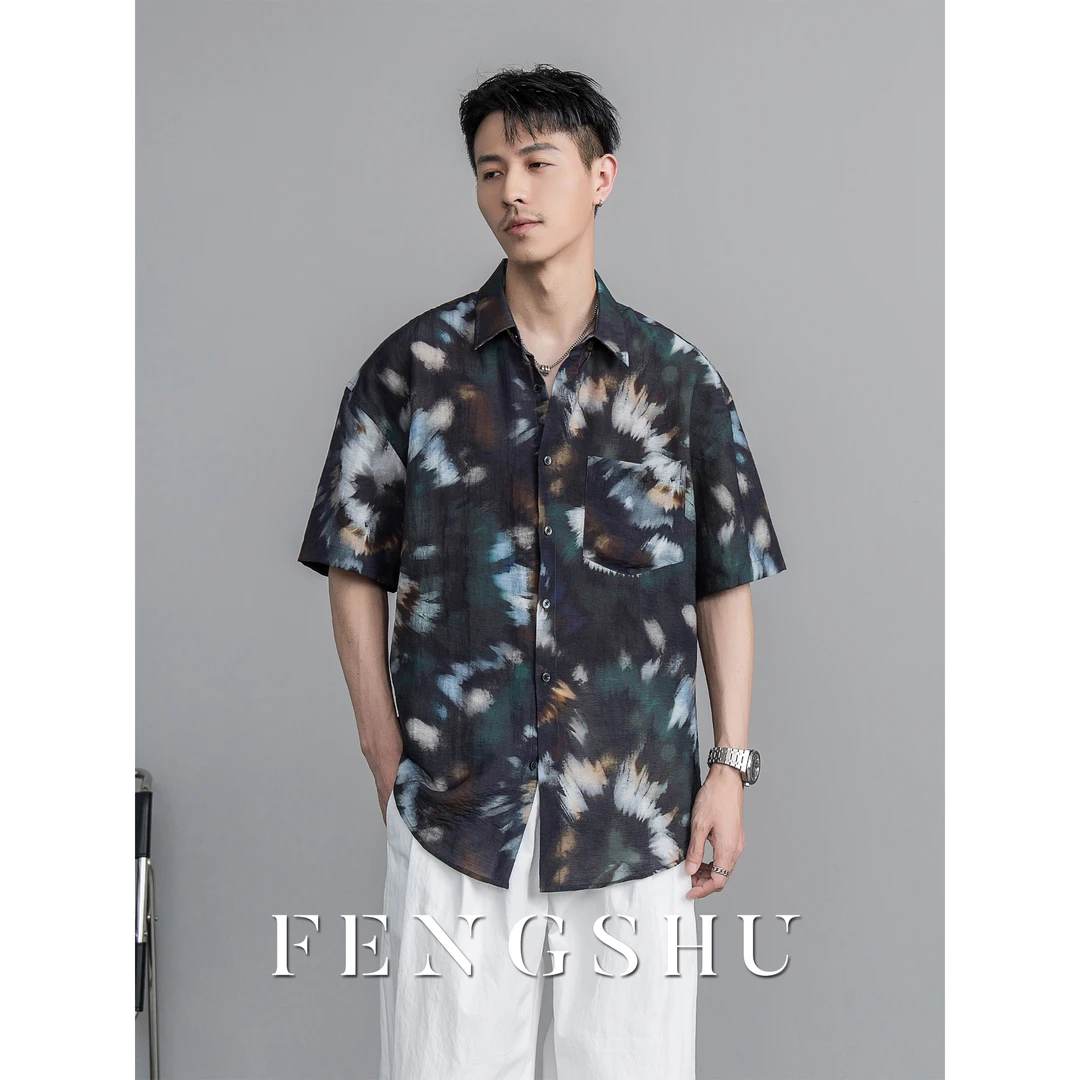 FENGSHU 夏季亚麻休闲短袖花衬衫感痞帅扎染薄款复古宽松度假衬衣