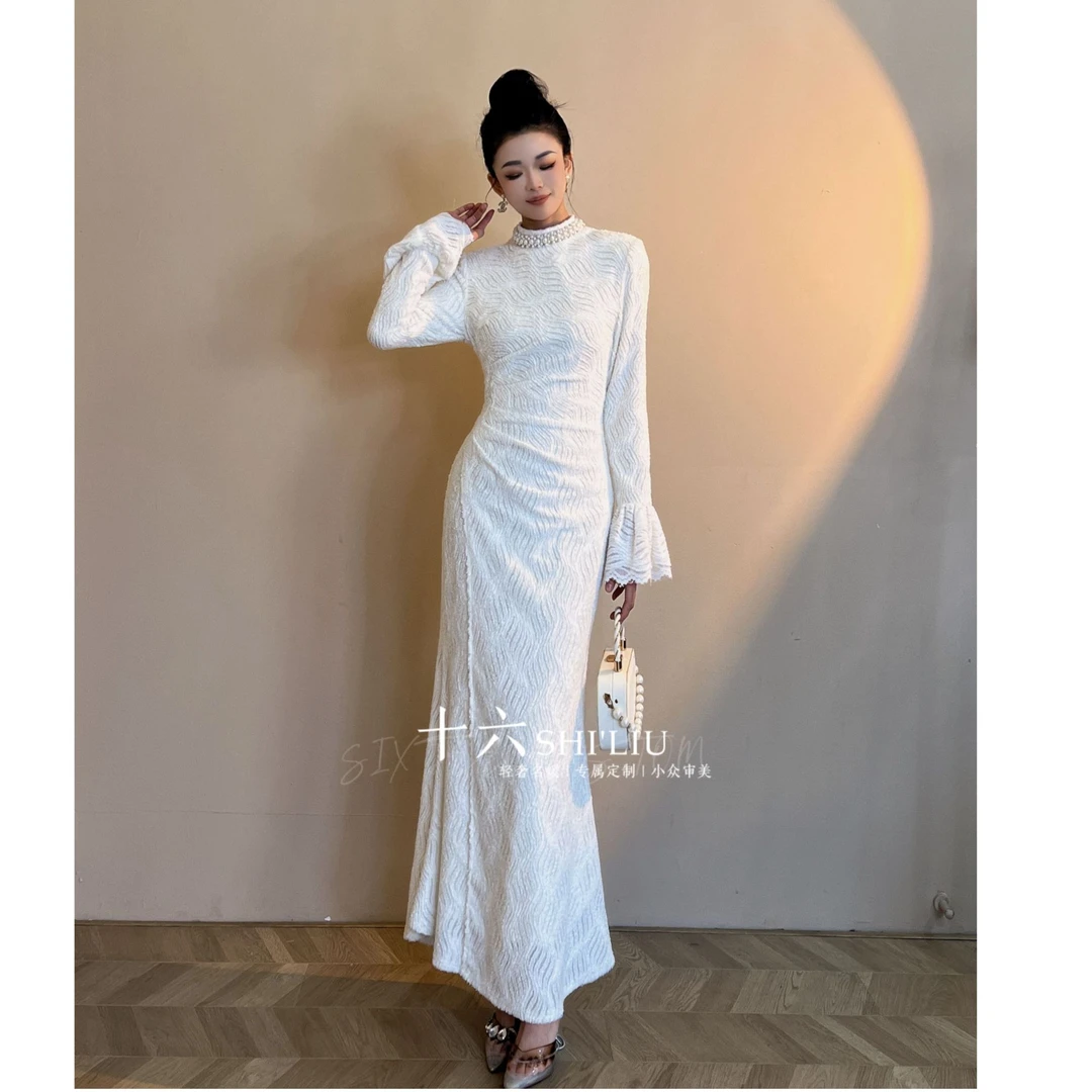 【十六原创】新款重工钉珠白色打底轻奢显瘦连衣裙时尚45064