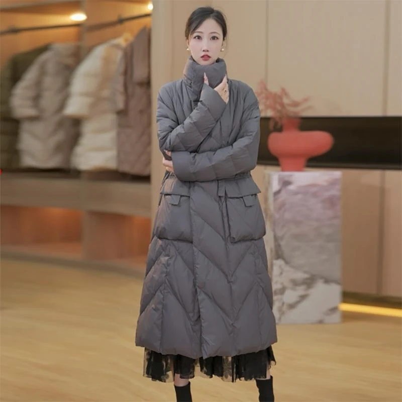 韩版冬季新款立领女复古简约长款纯色过膝白鸭绒羽绒服外套气质