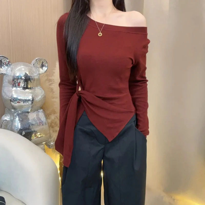 【运补5】大码胖mm韩系条纹不规则开叉斜肩长袖T恤女装早秋收腰上衣