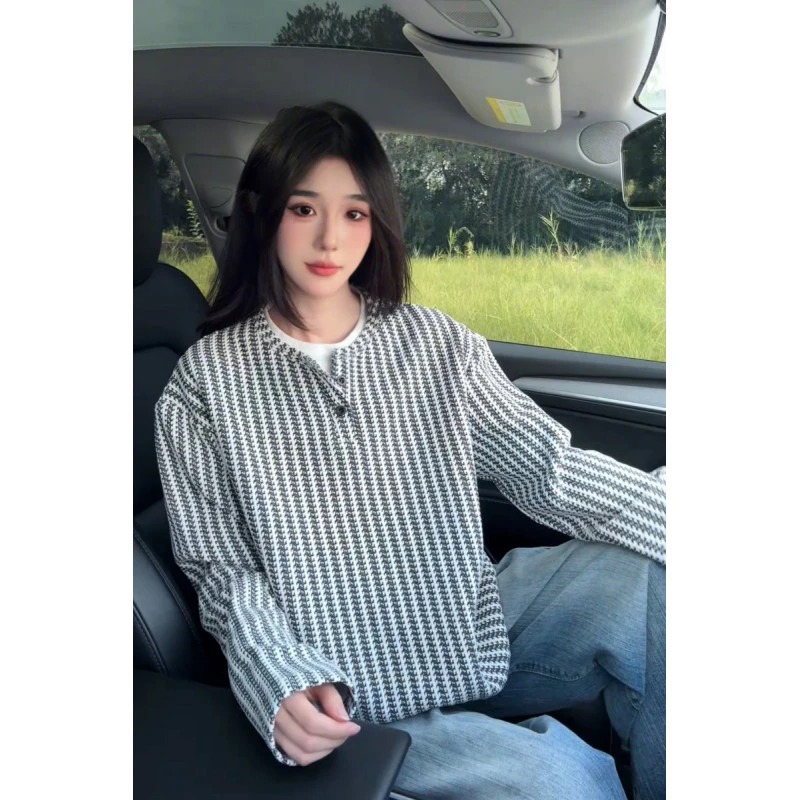 假两件鱼骨纹v领长袖t恤打底衫男女春秋美式高街潮牌宽松情侣上衣