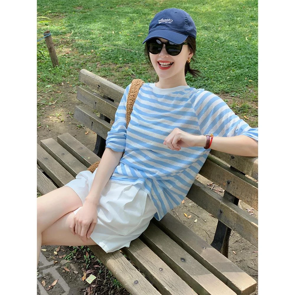 蓝色条纹恤防晒罩衫女2025新款宽松外搭长袖夏季薄款上衣空调衫