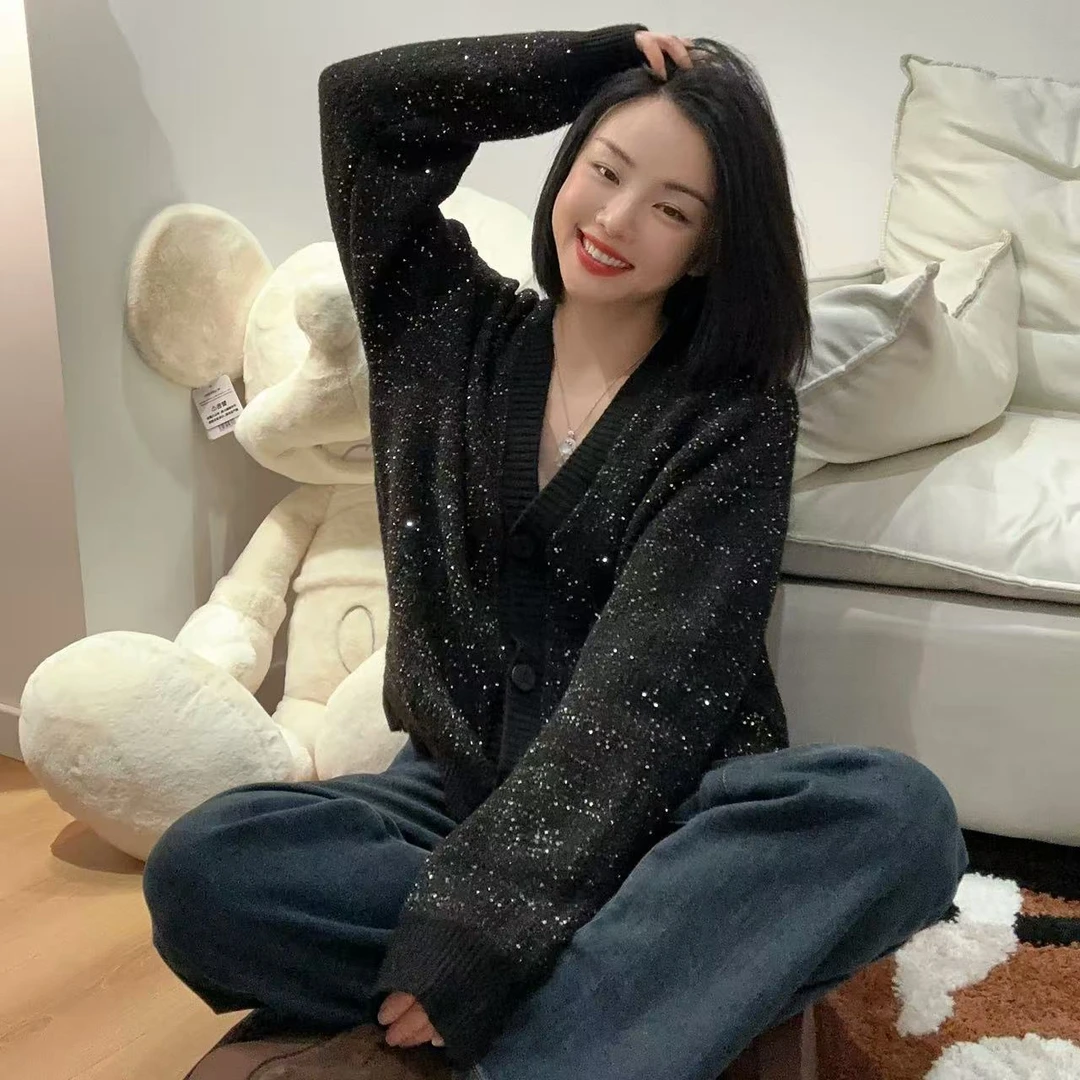 冬季超密实羊毛亮片不扎身年货款毛衣针织开衫4-12-18满天星