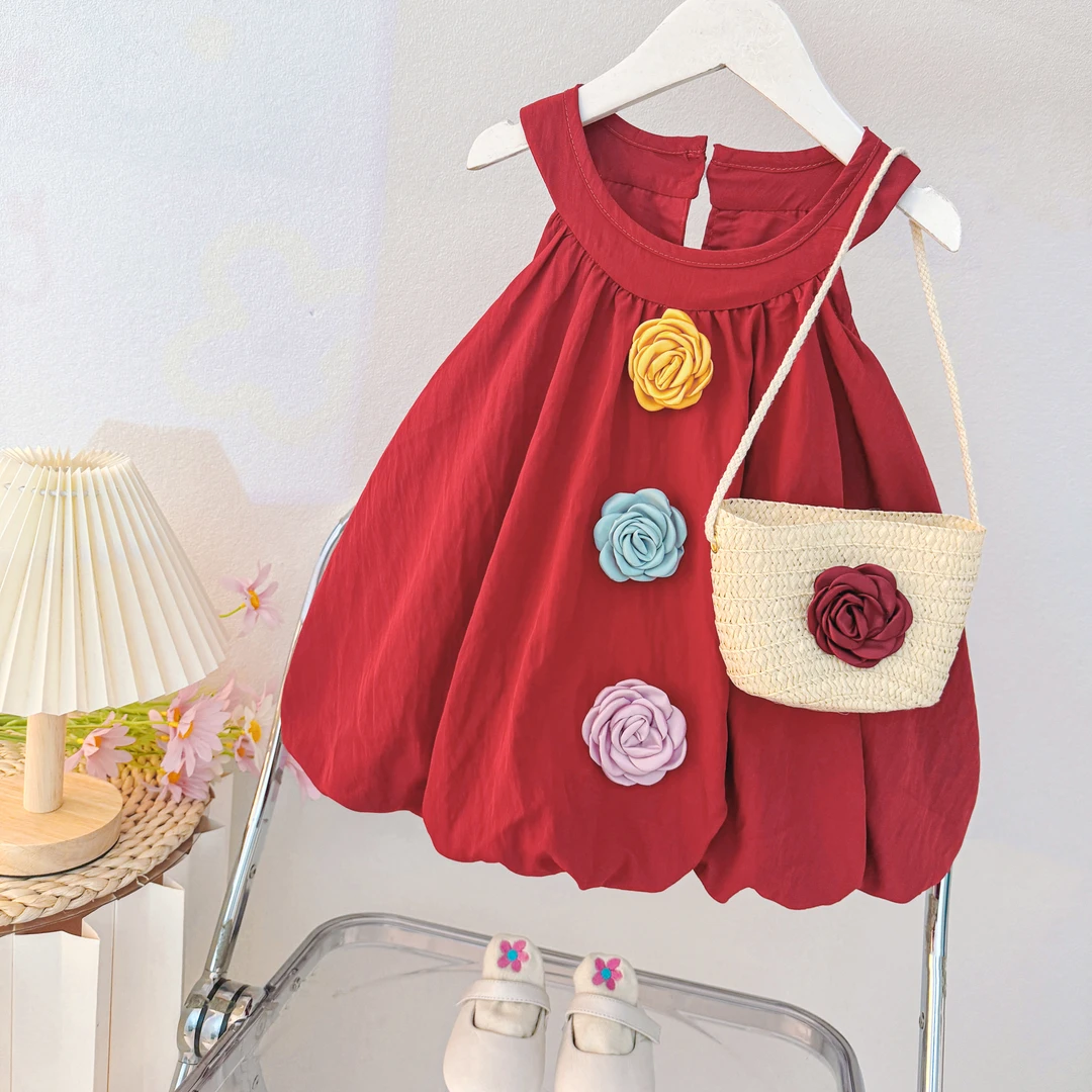 套头一粒扣夏季公主风薄款裙子洋气女宝生日礼服小童周岁百天红色